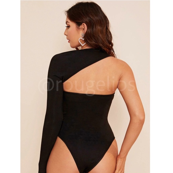 Black Elegant One Long Sleeve Bodysuit Asymmetrical Neck - Picture 3 of 6